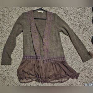 A'Reve Taupe Cardigan with Mauve Lace Trim